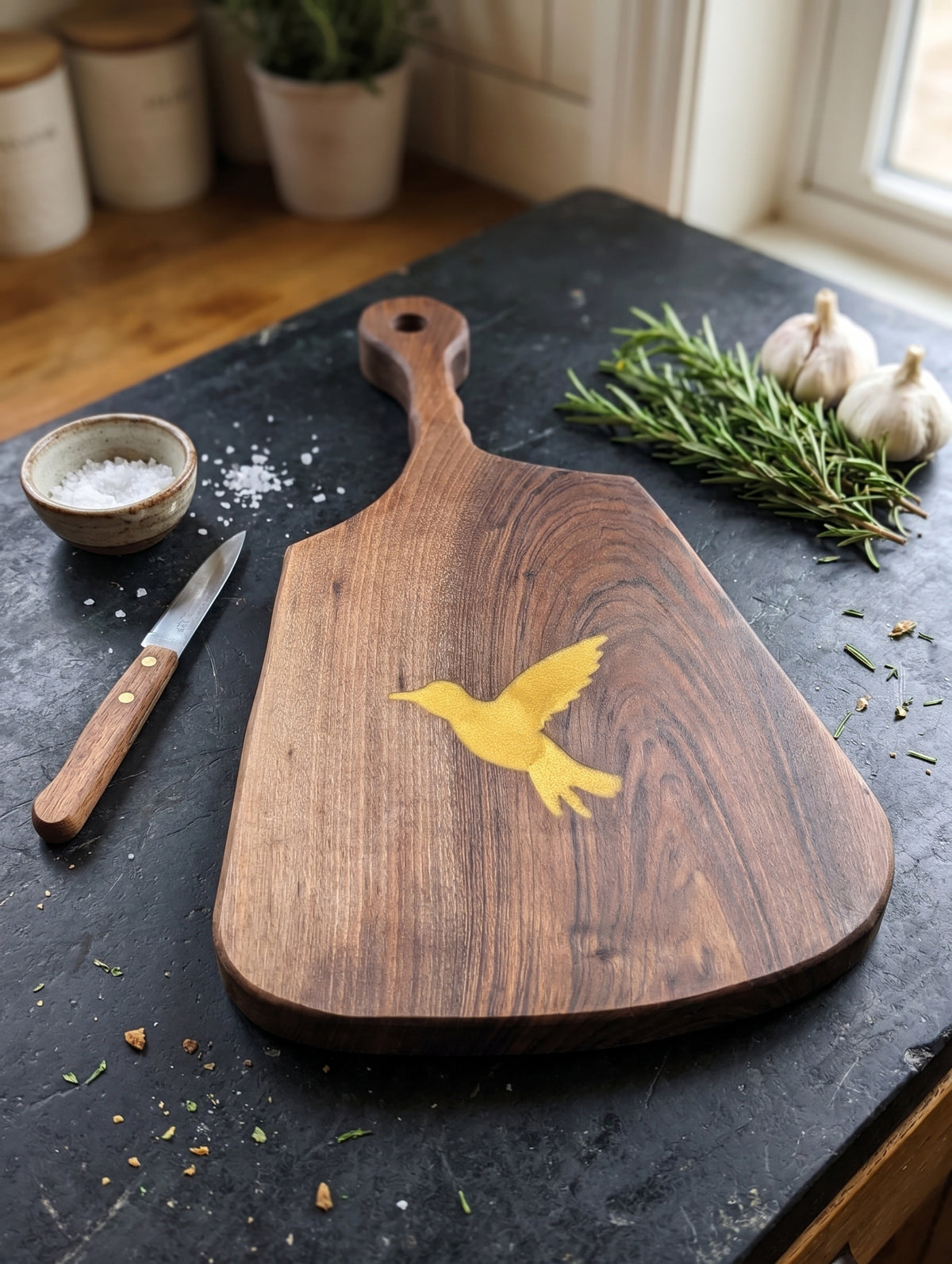 Walnut Chopping board with golden hummingbird
