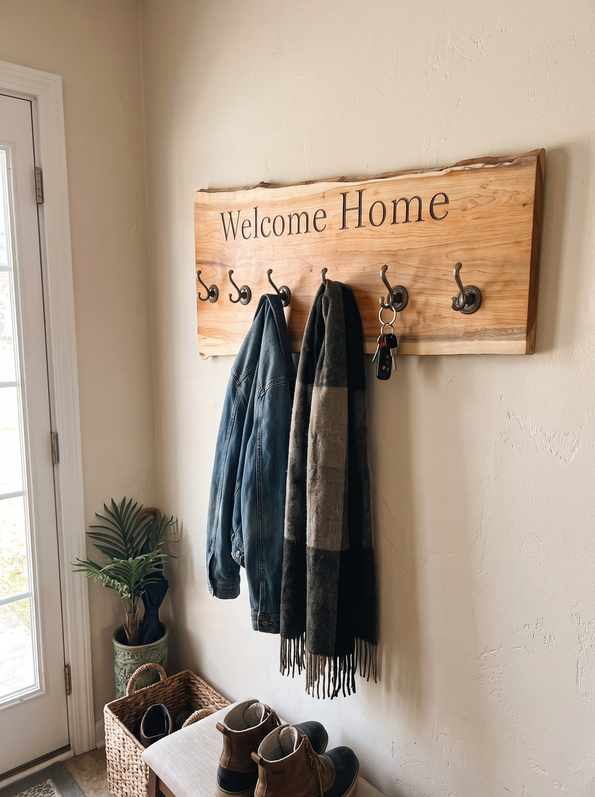 Hand engraved Yew wall coat rack