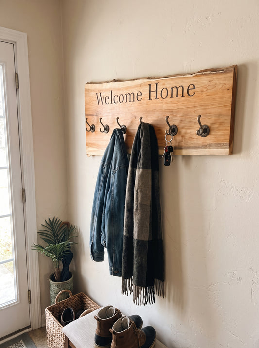 Hand engraved Yew wall coat rack